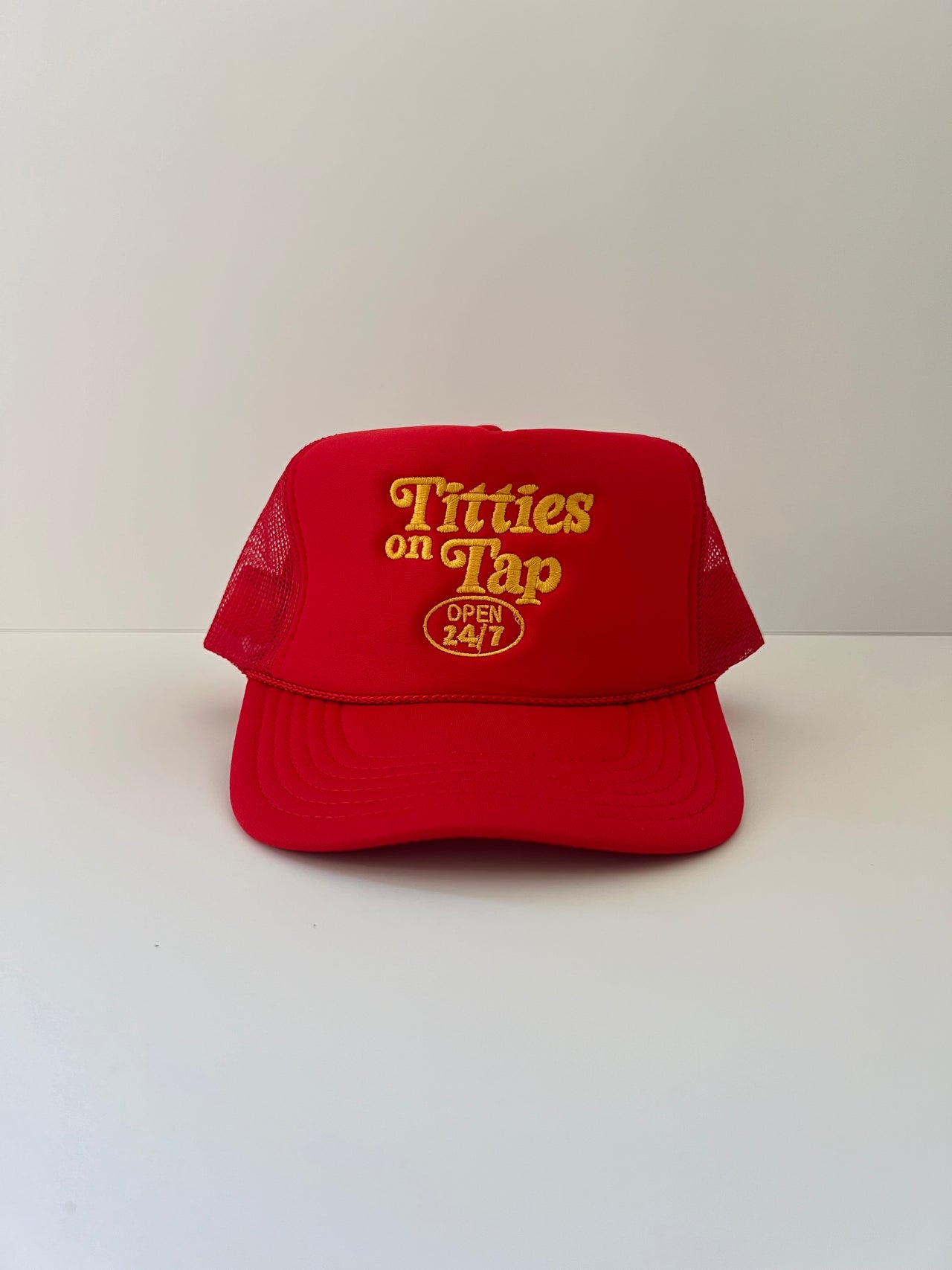 Titties On Tap™ Trucker Hat (Red / Gold)